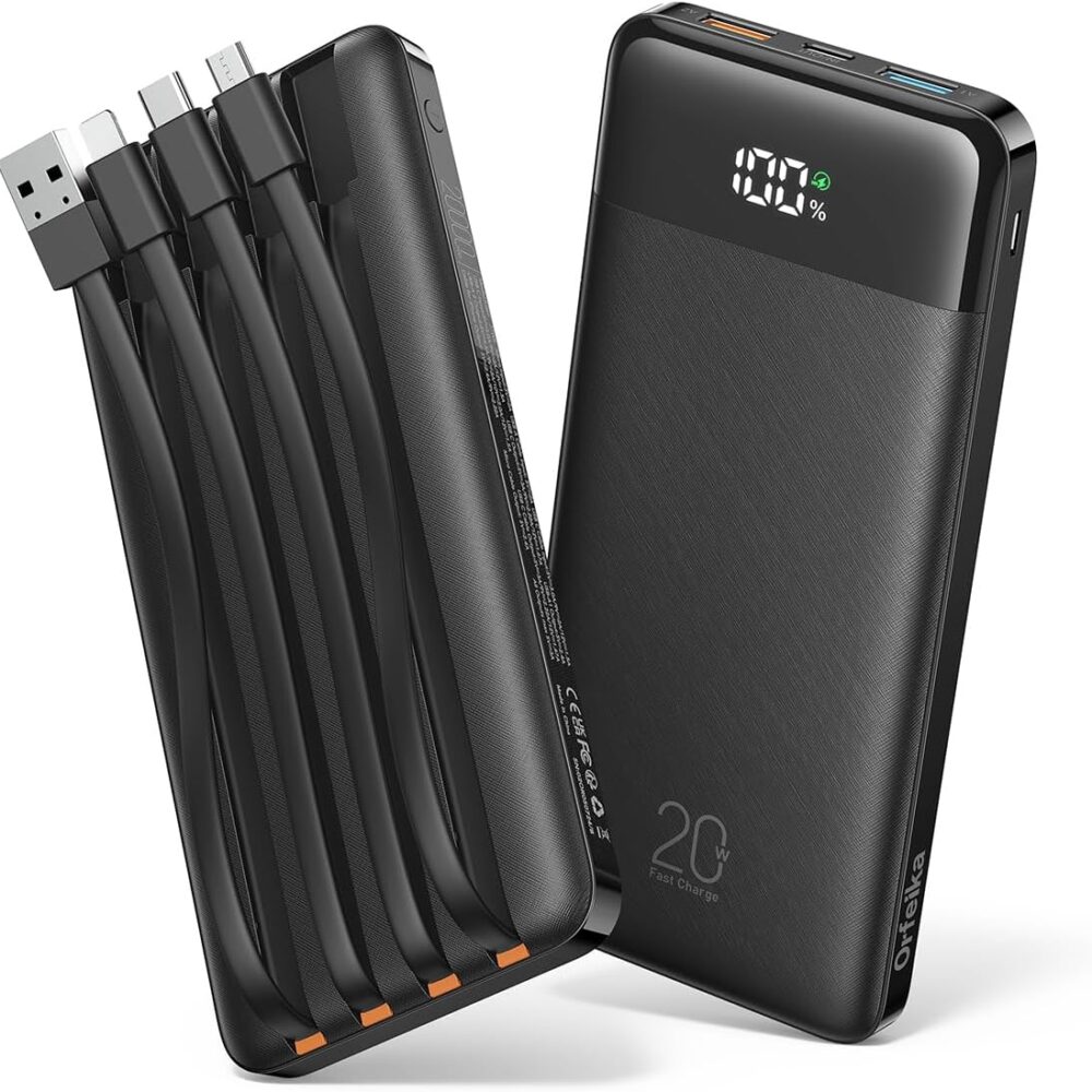 Orfeika 20000mAh Power Bank, Portable Charger with 4 Built-in Cables