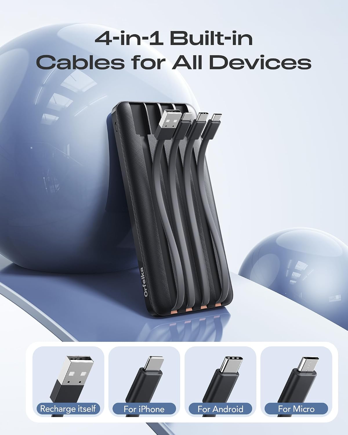 Orfeika 20000mAh Power Bank, Portable Charger with 4 Built-in Cables - Image 3