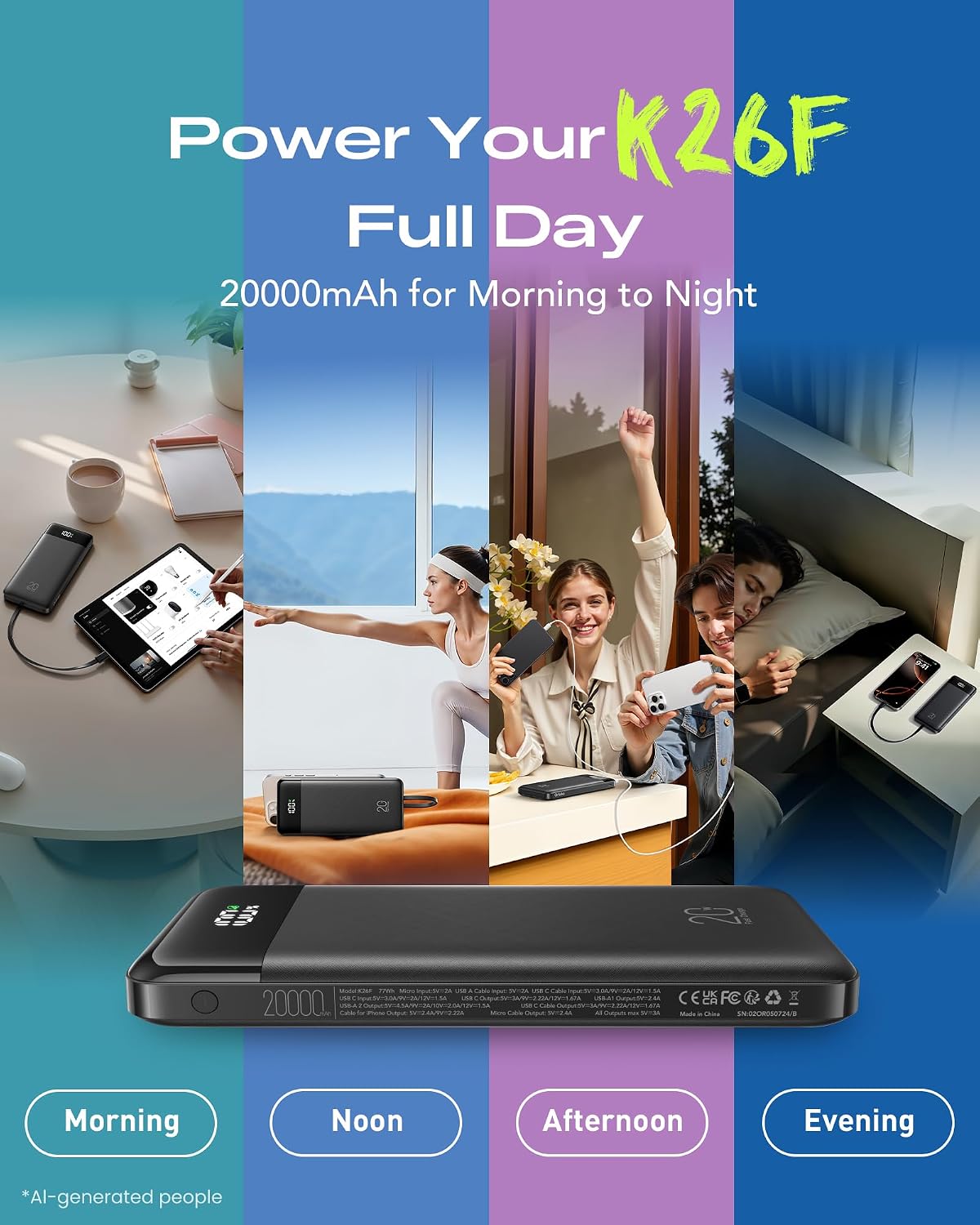 Orfeika 20000mAh Power Bank, Portable Charger with 4 Built-in Cables - Image 9