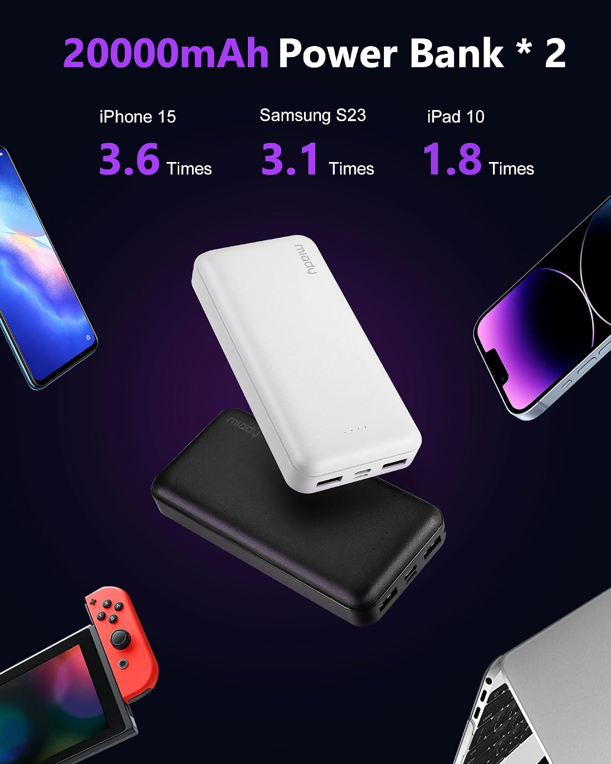 Miady 2-Pack Portable Charger 22.5W Power Bank 20000mAh Travel Battery Pack - Image 2